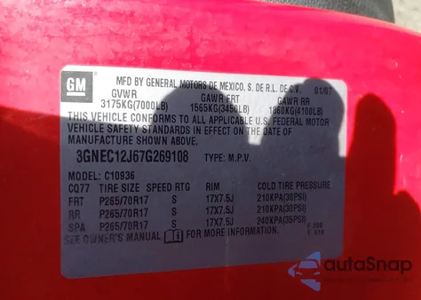 2007 Chevrolet Avalanche 1500 Lt z USA, uszkodzony, nr VIN 3GNEC12J67G269108